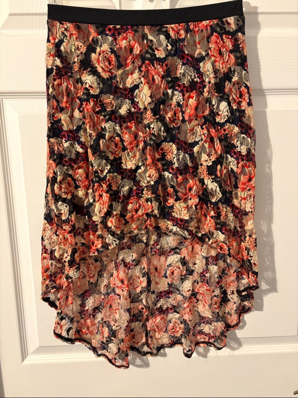 Charlotte Russe Black Floral High-Low Skirt with Coral & Cream Blooms